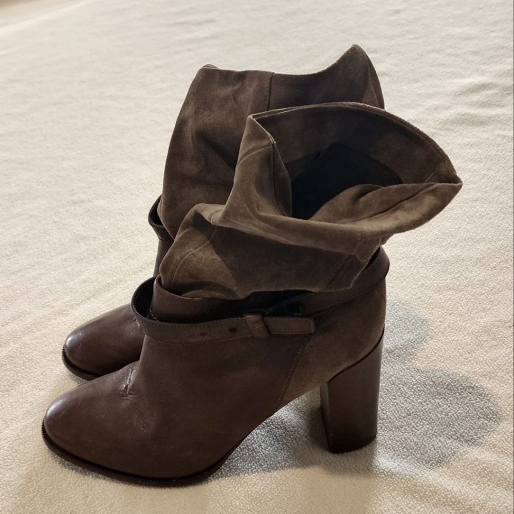 VINCE Dark Tan and Brown Leather Heeled Slip On Boots